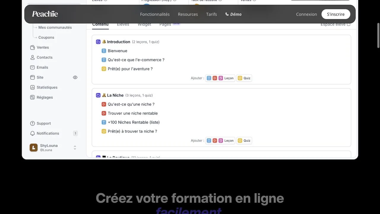 L’interface de formation Peachie
